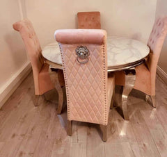 Side view of Louis white round marble dining table with chrome pedestal base from Solid Furniture UK
