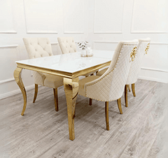 White Glass Louis Gold with Bentley Gold Cream Chairs SOLID FURNITURE
