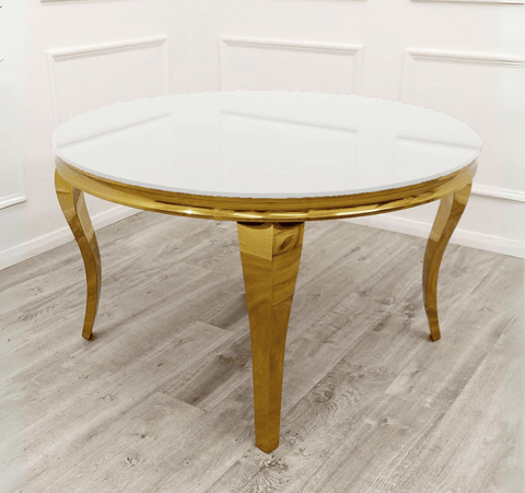 Louis Gold Round White Marble Dining Table with Cream Velvet Chairs