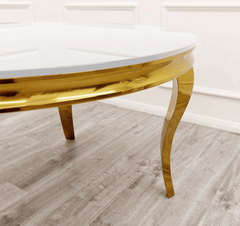 Louis Gold Round White Marble Dining Table with Cream Velvet Chairs