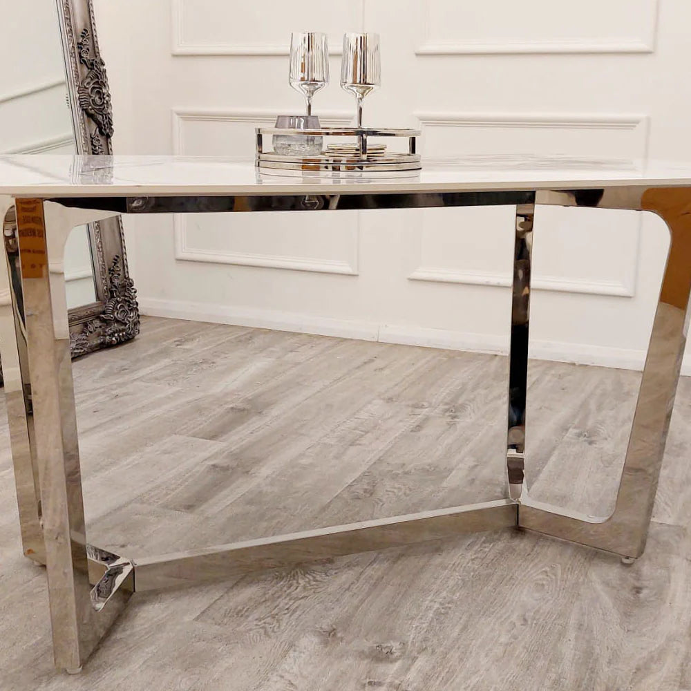 Close up detail of Lucien dining table by Solid Furniture UK with polar white sintered stone surface and chrome base