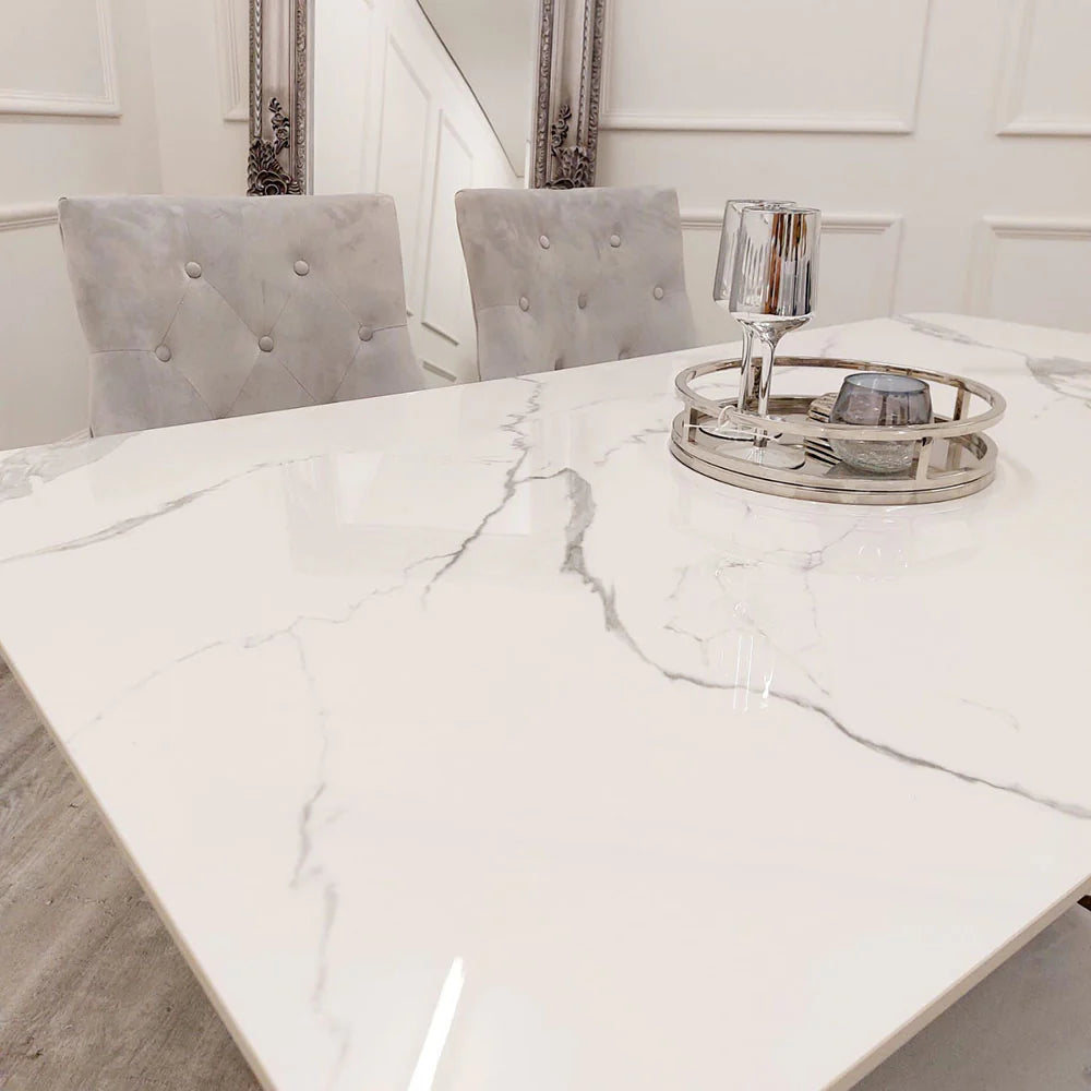 Top view of Lucien chrome dining table by Solid Furniture UK showing polar white sintered stone surface 1.6m dining table