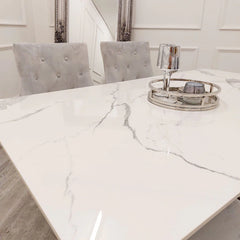 Top view of Lucien chrome dining table by Solid Furniture UK showing polar white sintered stone surface 1.6m dining table