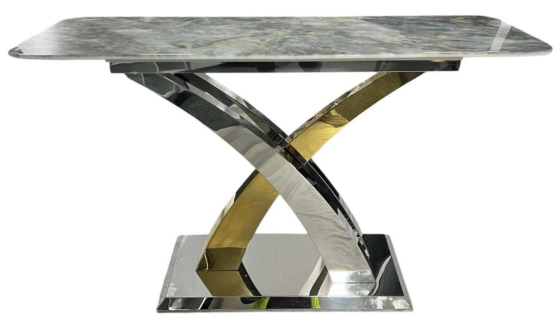 Lucy console table main view with cream marble top and silver gold geometric frame, Solid Furniture UK