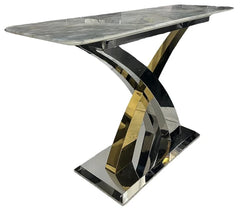 Lucy console table side view showing cream marble top and silver gold geometric base, Solid Furniture UK