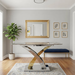 Lucy console table in a living room with marble top and silver gold geometric frame, Solid Furniture UK