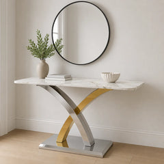 Lucy console table with cream marble top and silver gold geometric frame in a living room, Solid Furniture UK