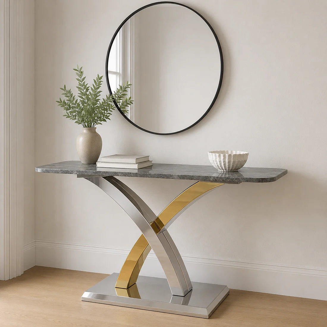 Lucy console table with grey marble top and silver gold geometric frame in a living room, Solid Furniture UK