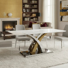 Lucy dining table with cream marble top and silver gold base in a modern living room, Solid Furniture UK