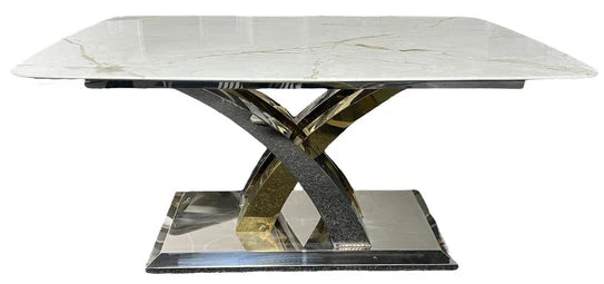 Lucy dining table with cream marble top and silver gold geometric base, main view, Solid Furniture UK