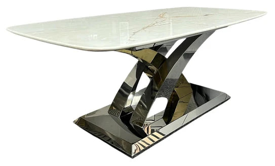 Lucy dining table with cream marble top and silver gold side base view, Solid Furniture UK