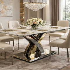 Lucy dining table with cream marble top and silver gold geometric base in a living room, Solid Furniture UK