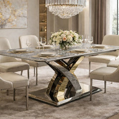 Lucy dining table with grey marble top and silver gold geometric base in a living room, Solid Furniture UK