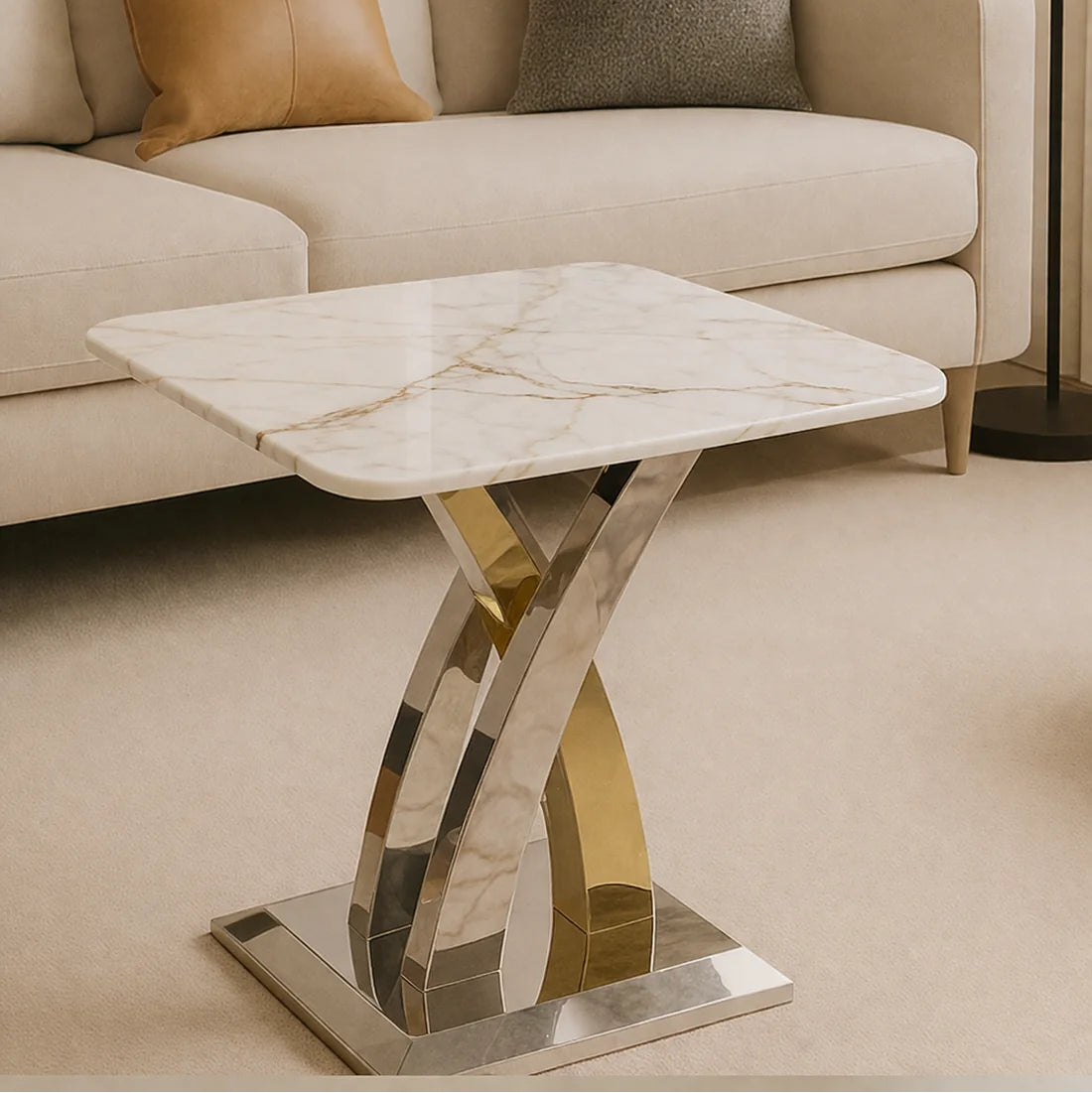 Lucy lamp table with cream marble top styled beside a sofa in a modern living room, Solid Furniture UK