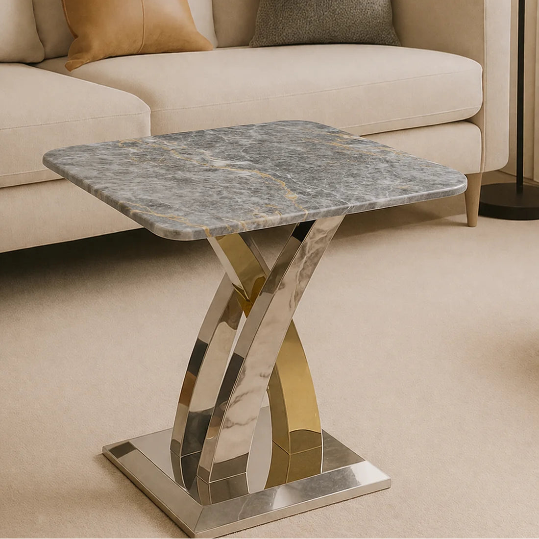 Lucy lamp table with grey marble top styled beside a sofa in a modern living room, Solid Furniture UK