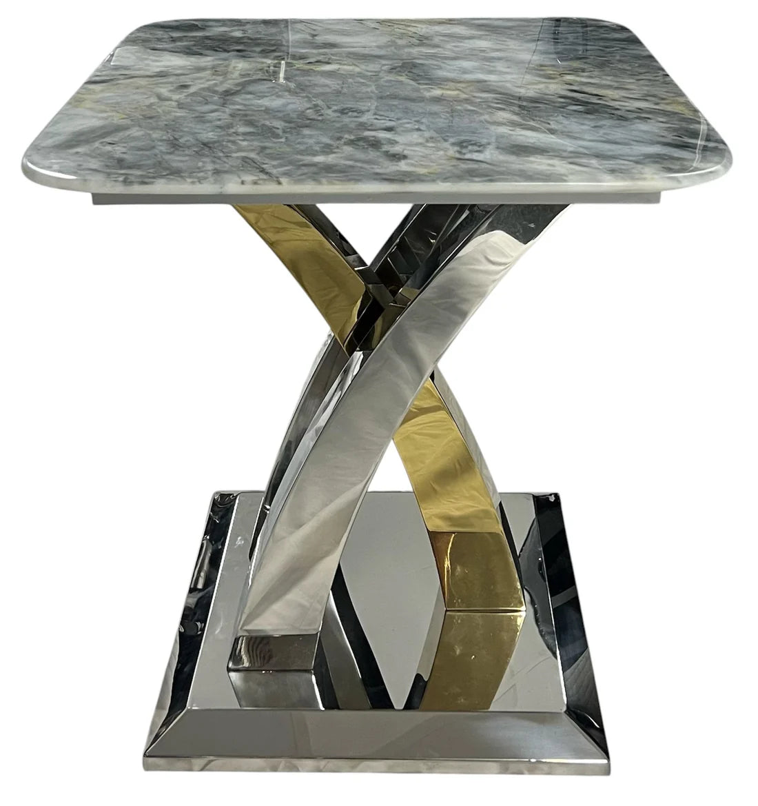 Lucy lamp table main view featuring a grey marble top with geometric silver and gold base, Solid Furniture UK