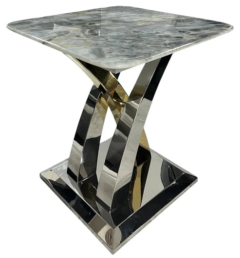 Lucy lamp table side view showing the grey marble top and geometric silver and gold frame, Solid Furniture UK
