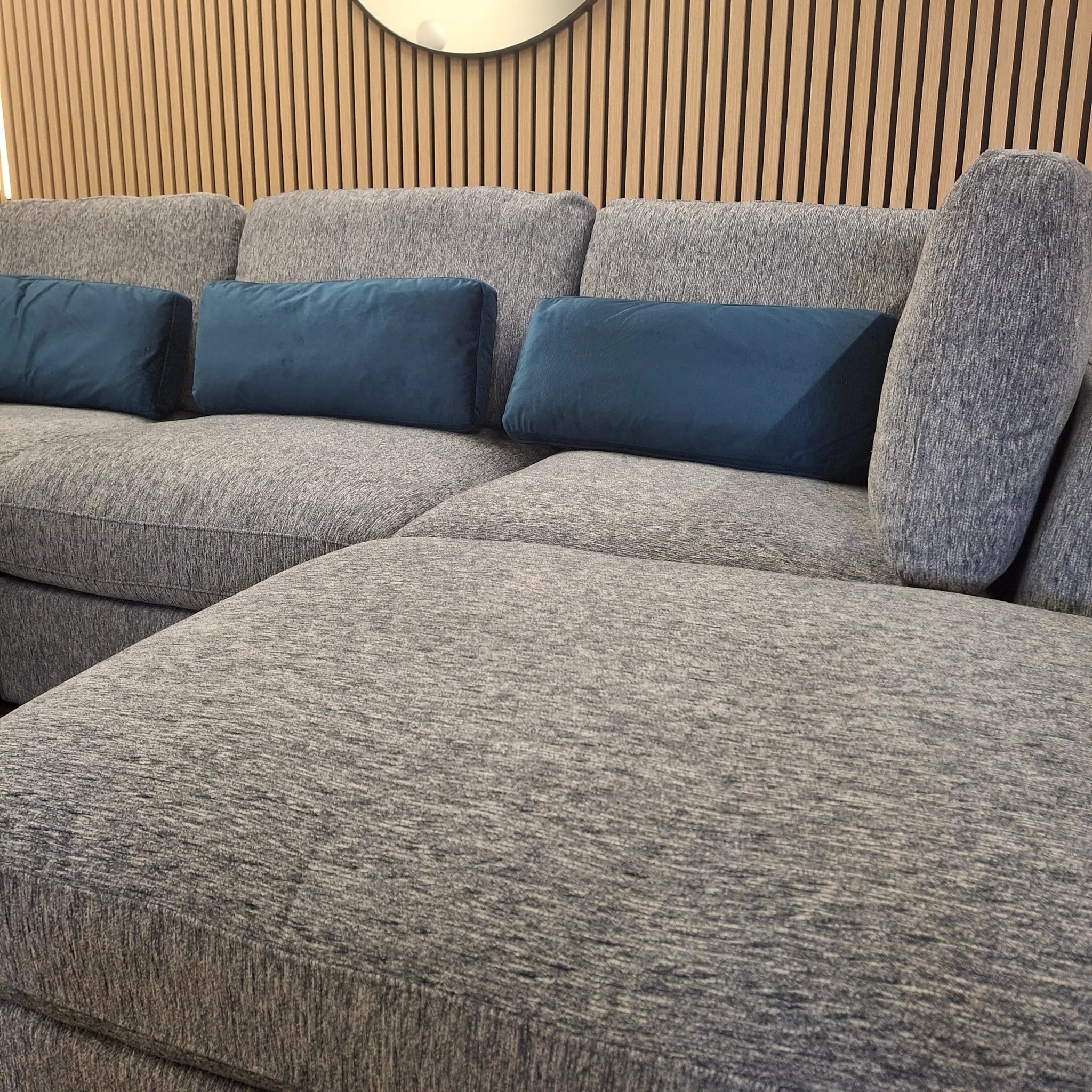 Madison U Shape Sofa corner view highlighting U-shaped modular layout with storage ottoman and scatter cushions