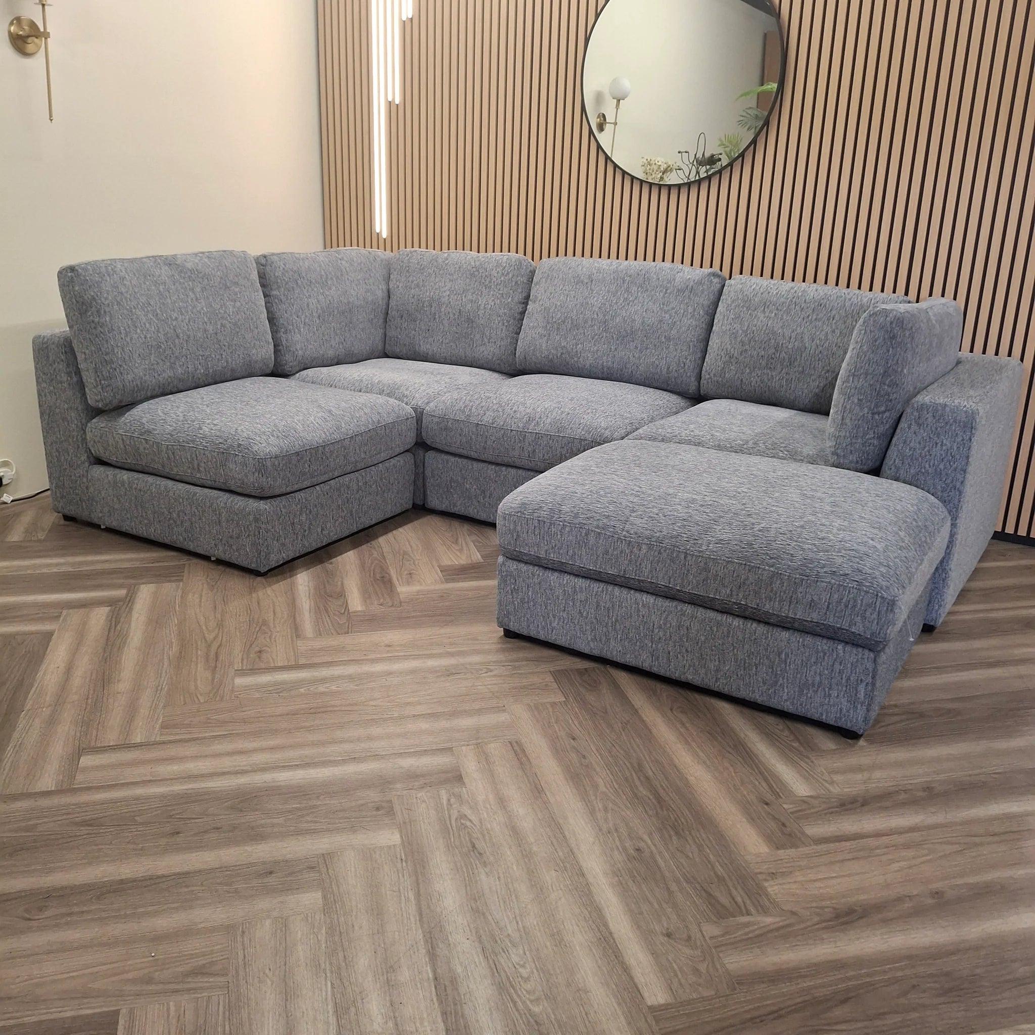 Madison U Shape Sofa in light grey – front view showing modular 5-piece sectional with soft chenille fabric solid furniture UK