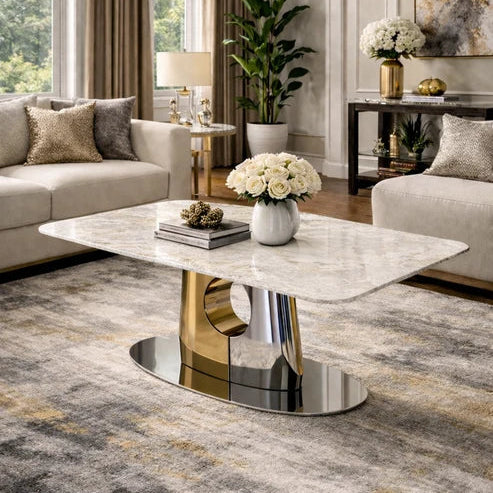 Madrid coffee table with cream marble-effect top and silver gold geometric base in a modern living room, Solid Furniture UK