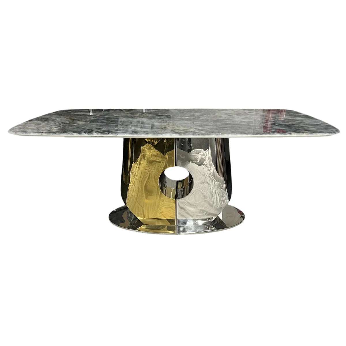 Madrid coffee table front view featuring a grey marble-effect top and silver and gold geometric base, Solid Furniture UK