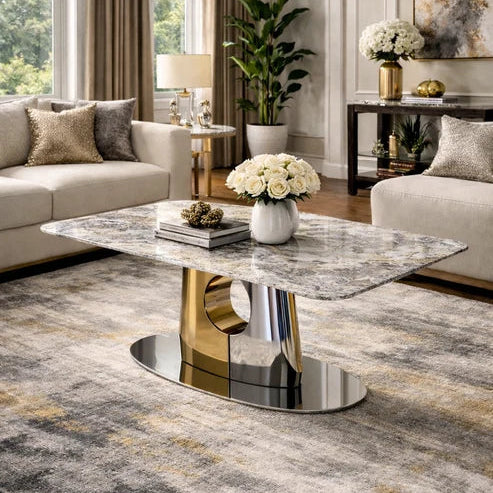 Madrid coffee table with grey marble-effect top and silver gold geometric base in a modern living room, Solid Furniture UK