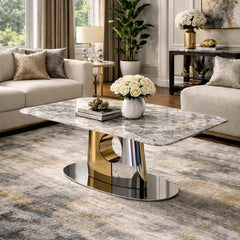 Madrid coffee table with grey marble-effect top and silver gold geometric base in a modern living room, Solid Furniture UK