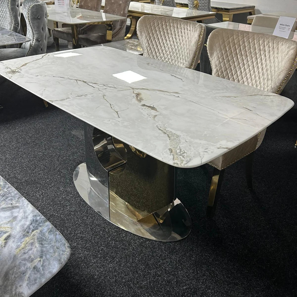 Madrid cream marble rectangular dining table tabletop view showing the marble-effect surface and elegant finish, Solid Furniture UK