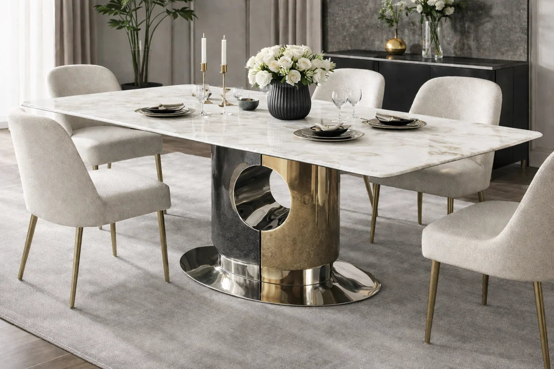Madrid cream marble rectangular dining table with silver and gold base and dining chairs, Solid Furniture UK