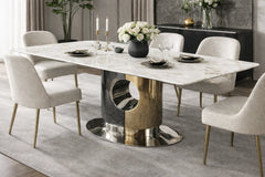 Madrid cream marble rectangular dining table with silver and gold base and dining chairs, Solid Furniture UK
