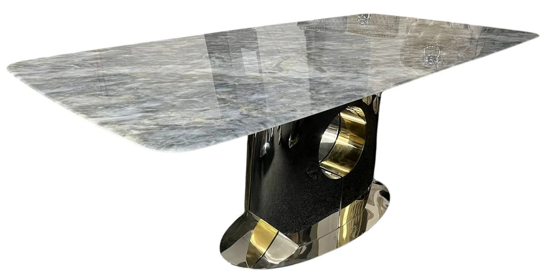 Madrid grey marble rectangular dining table side view with silver and gold pedestal base, Solid Furniture UK