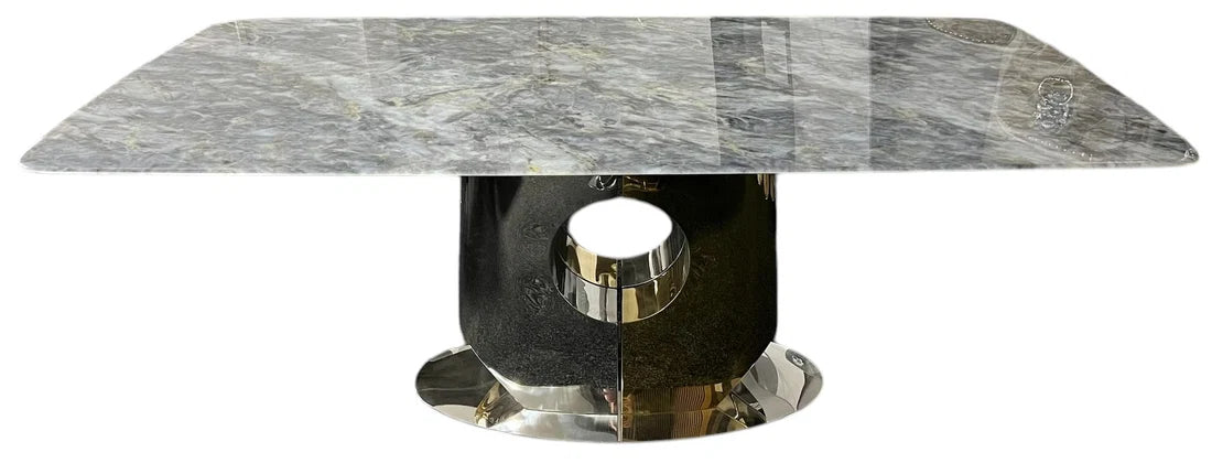 Madrid grey marble rectangular dining table main view with silver and gold pedestal base, Solid Furniture UK