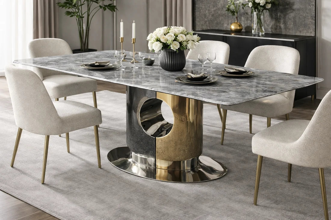 Madrid rectangular dining table with grey marble top and silver gold base with dining chairs in a dining room, Solid Furniture UK