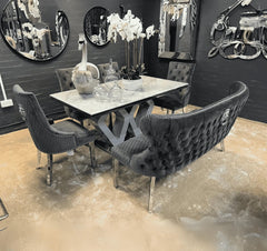 Majestic 1.6m grey marble dining table with dark grey Majestic chairs – Solid Furniture UK
