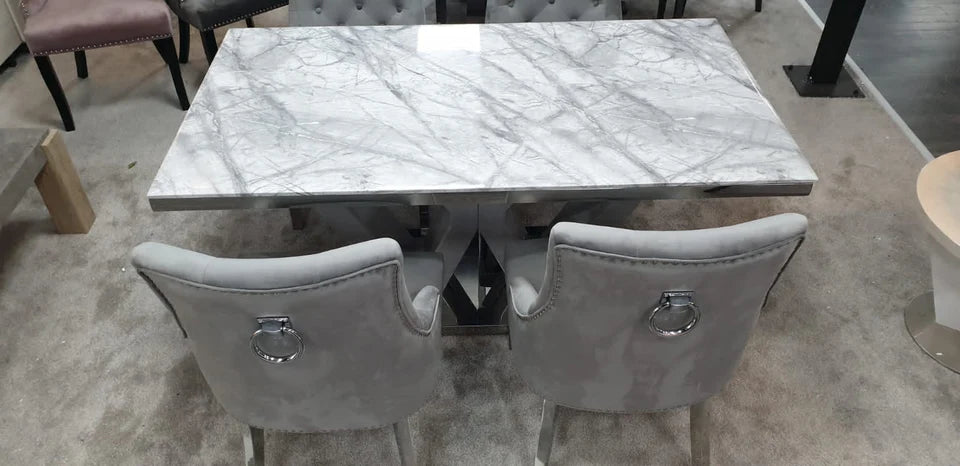 Majestic 1.6m grey marble dining table with grey Majestic chairs – Solid Furniture UK
