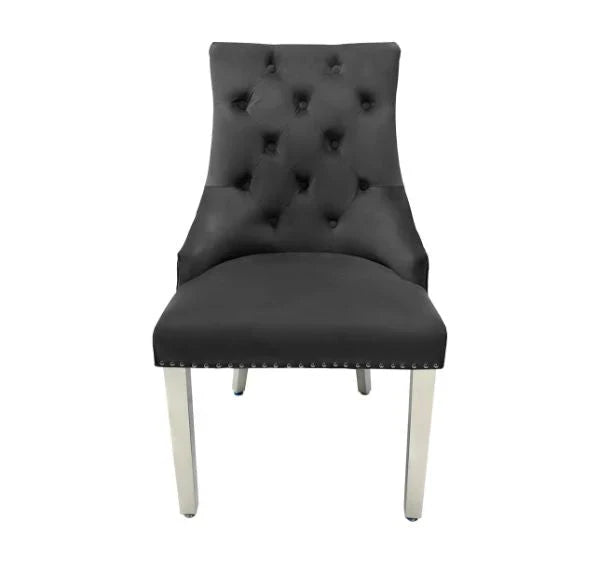 Majestic dark grey velvet dining chair front view button tufted back lion knocker luxury chair Solid Furniture UK