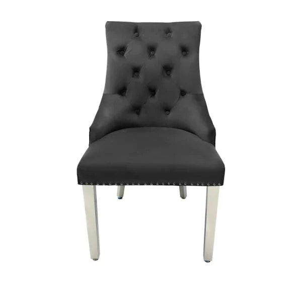 Majestic Dark Grey Plush Velvet Dining Chair with Lion Knocker Main View | Solid Furniture UK