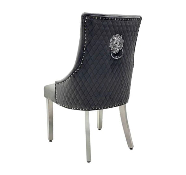 Back view of Majestic dining chair showing lion knocker detail dark grey upholstery UK Solid Furniture UK