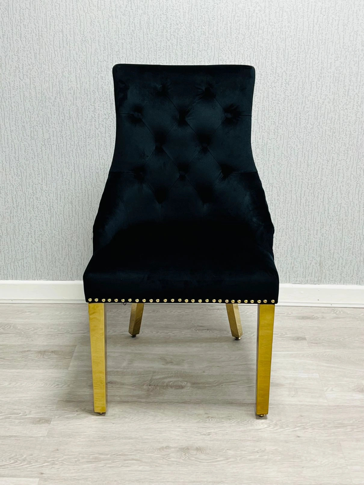 Majestic Gold Ring Knocker Dining Chair Set of 2 in Black Gold with luxury upholstered finish from Solid Furniture UK