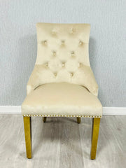 Majestic Gold Ring Knocker Dining Chair Set of 2 in Mink Gold with upholstered high back design from Solid Furniture UK