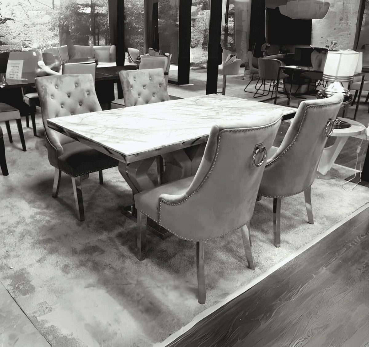 Grey marble dining table with matching grey chairs – Solid Furniture UK