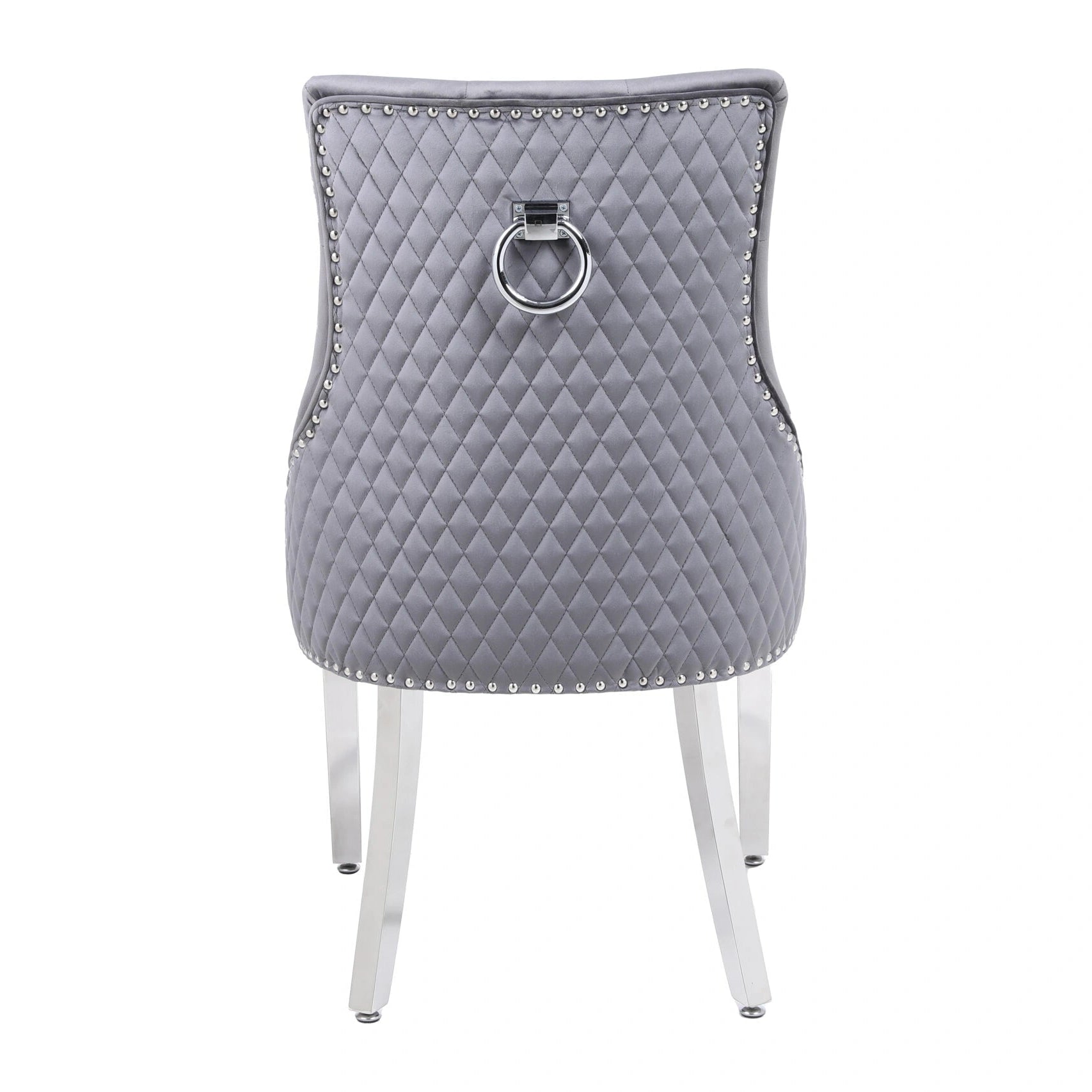 Back side view of Majestic grey velvet dining chair with diamond stitching and chrome ring knocker – Solid Furniture UK