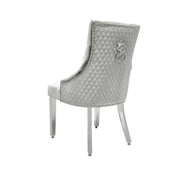 Majestic HQ Silver Plush Velvet Dining Chair with Lion Knocker Back View | Solid Furniture UK