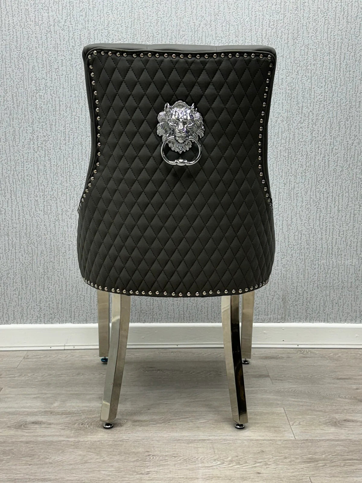 Majestic Hudson Grey PU Leather Dining Chair Back View with Lion Knocker Feature from Solid Furniture UK
