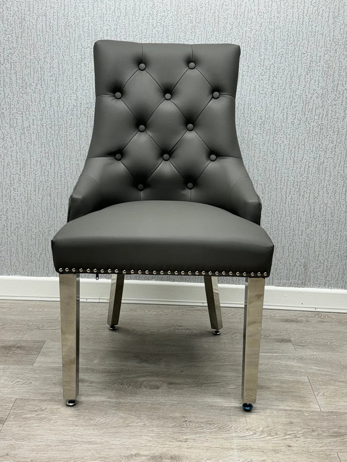 Majestic Hudson Grey PU Leather Dining Chair with Lion Knocker Detail Main View from Solid Furniture UK