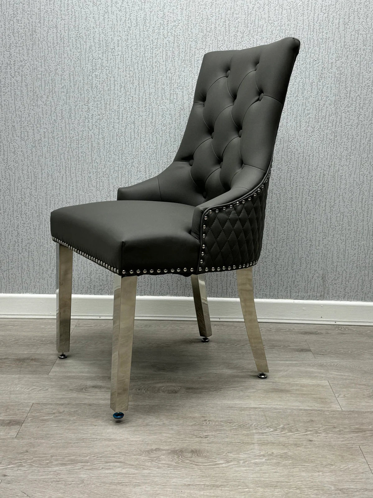 Majestic Hudson Grey PU Leather Dining Chair Side View with Stylish Modern Design from Solid Furniture UK