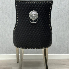 Majestic Midnight Black PU Leather Dining Chair Back View with Decorative Lion Knocker Detail from Solid Furniture UK