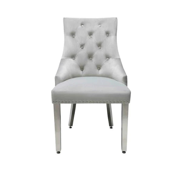 Majestic Silver Plush Velvet Dining Chair with Lion Knocker Main View | Solid Furniture UK