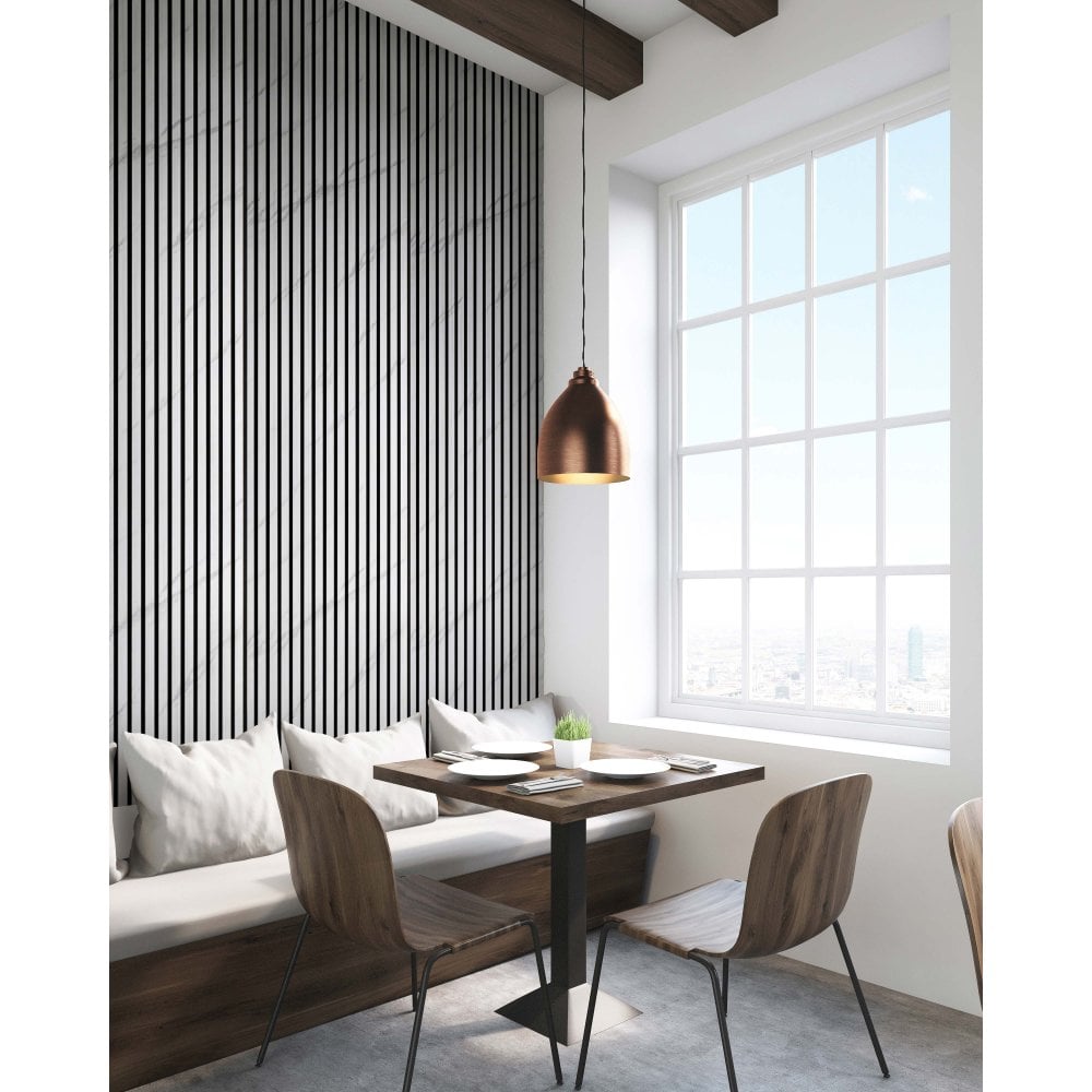 Marble grey acoustic slatted wall panels installed in a modern drawing room, creating a stylish feature wall with enhanced sound absorption and contemporary design. solid furniture UK