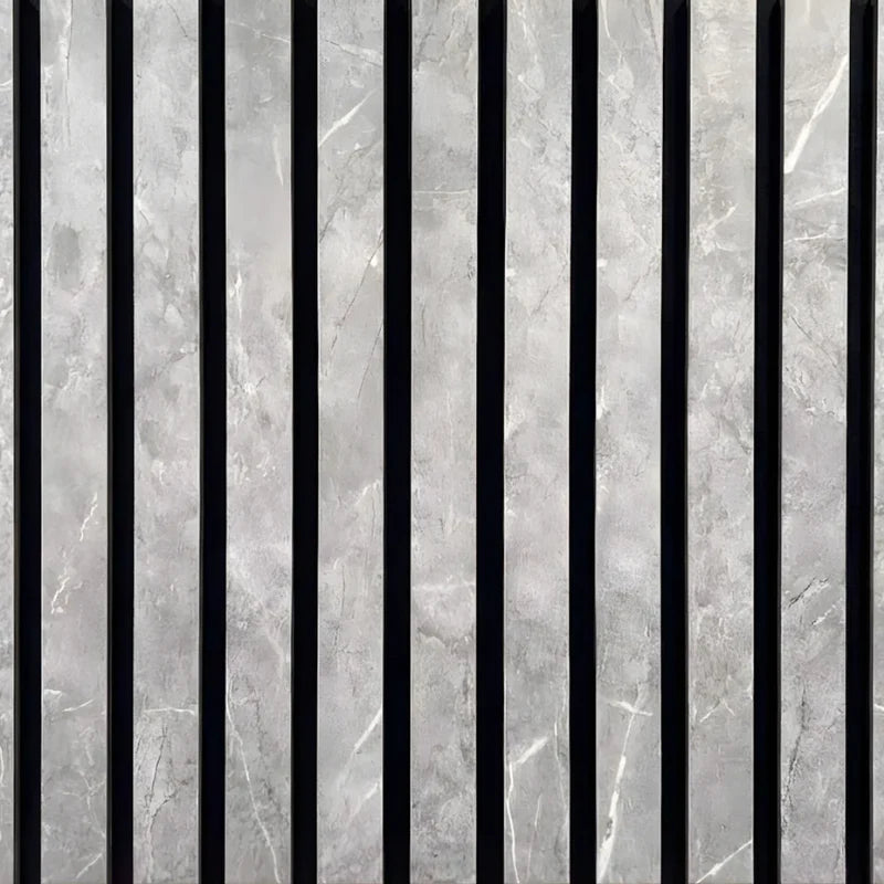 Close-up of marble grey slatted wall panel showing slim vertical slats, 2.5 cm width, 1.5 cm spacing, and textured HDF surface for acoustic absorption. solid furniture UK